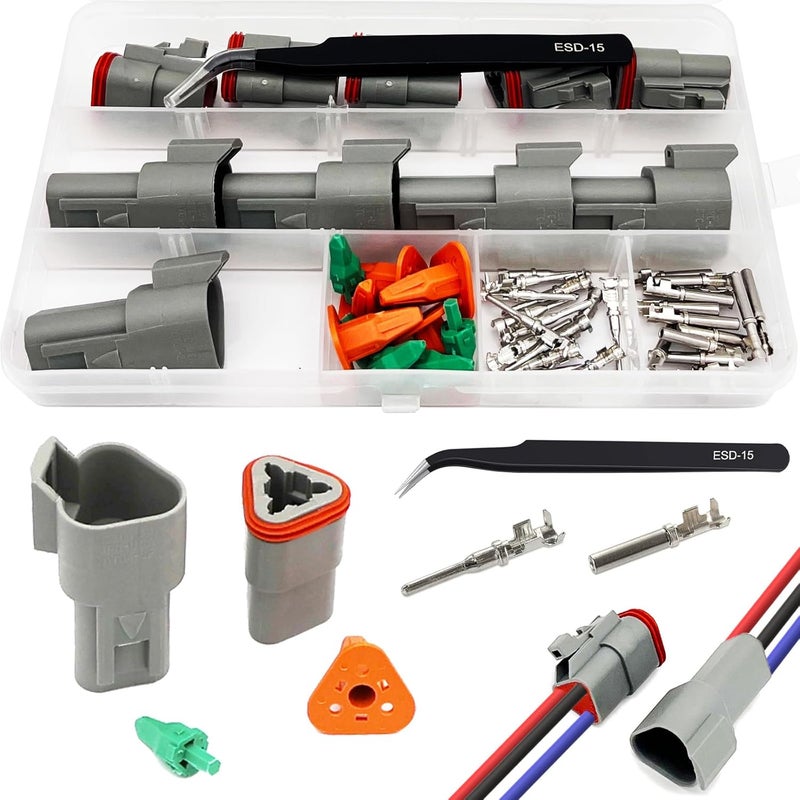 Twippo 3 Pin Deutsch Connector Kit 5 Sets, Gray DT Connector Kit, 3 Pin Automotive Waterproof Wire Connectors, Electrical Connectors Kit with 16# Stamped Contacts for Car, RV, Truck Wiring 22-16AWG - Image 1